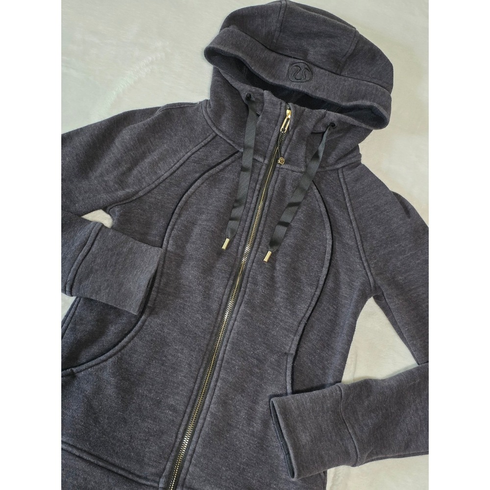 Lululemon Plush Scuba Hoodie Full Zip Heathered Charcoal Gray Gold Hardware Sz 2